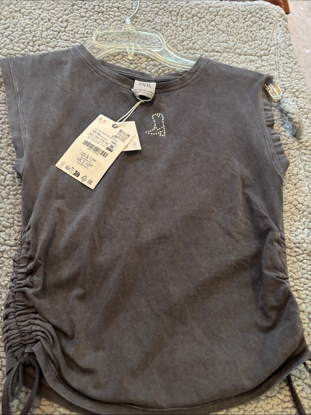 Zara Gray Ruched Side Tank with Rhinestone Detail